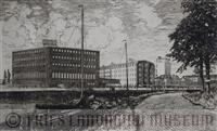 88-094.jpg; FLM-88-094; Ets op papier voorstellende gebouwencomplex Frico Leeuwarden gemaakt door Andries van der Sloot; ets